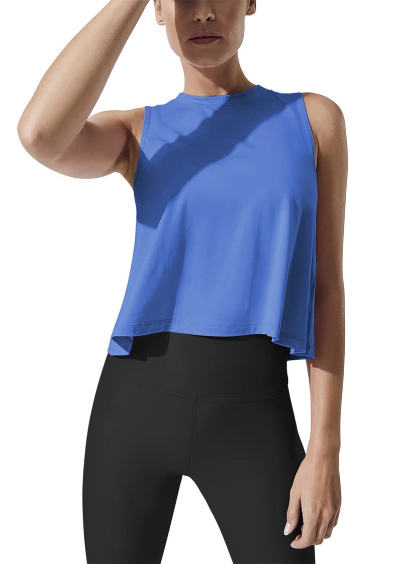 Mippo Cropped Workout Tops for Women Workout Shirts Sleeveless Tank Flowy Loose Crop High Neck Tank Tops Blue M - Image 1